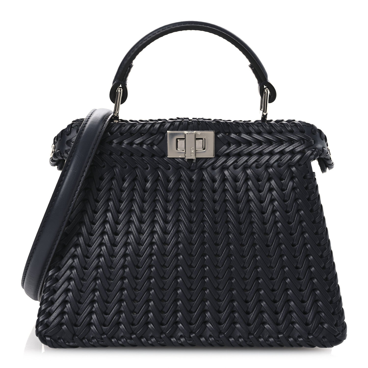 Fendi Vitello King Shiny Nappa Intreccio Petite Peekaboo I SEE U Satchel Midnight 1 of 12