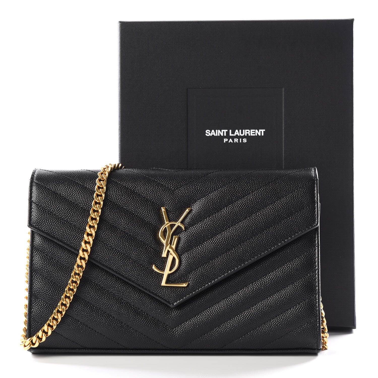 Saint Laurent Grain De Poudre Matelasse Chevron Monogram Chain Wallet Black 10 of 10