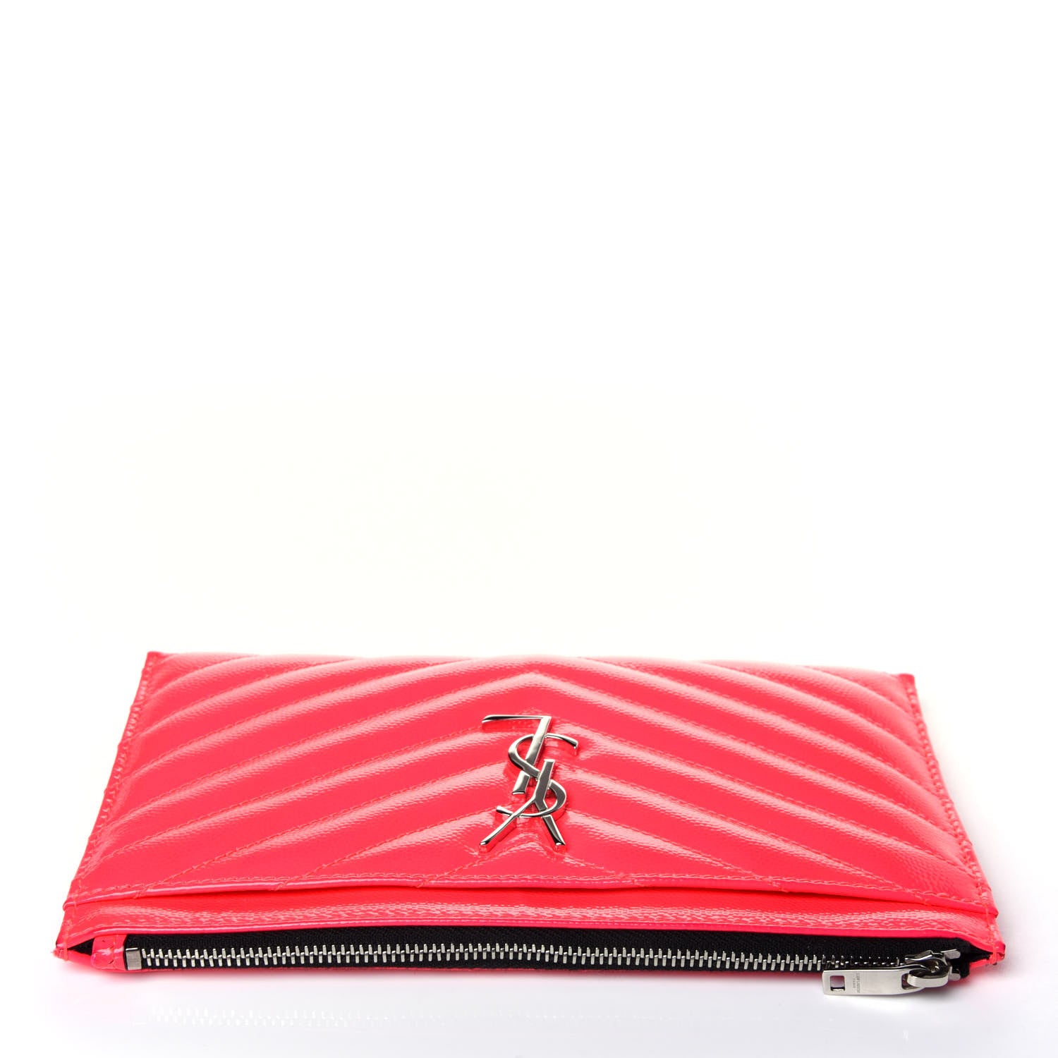 Saint Laurent Patent Grain De Poudre Matelasse Chevron Monogram Bill Pouch Neon Pink 12 of 15