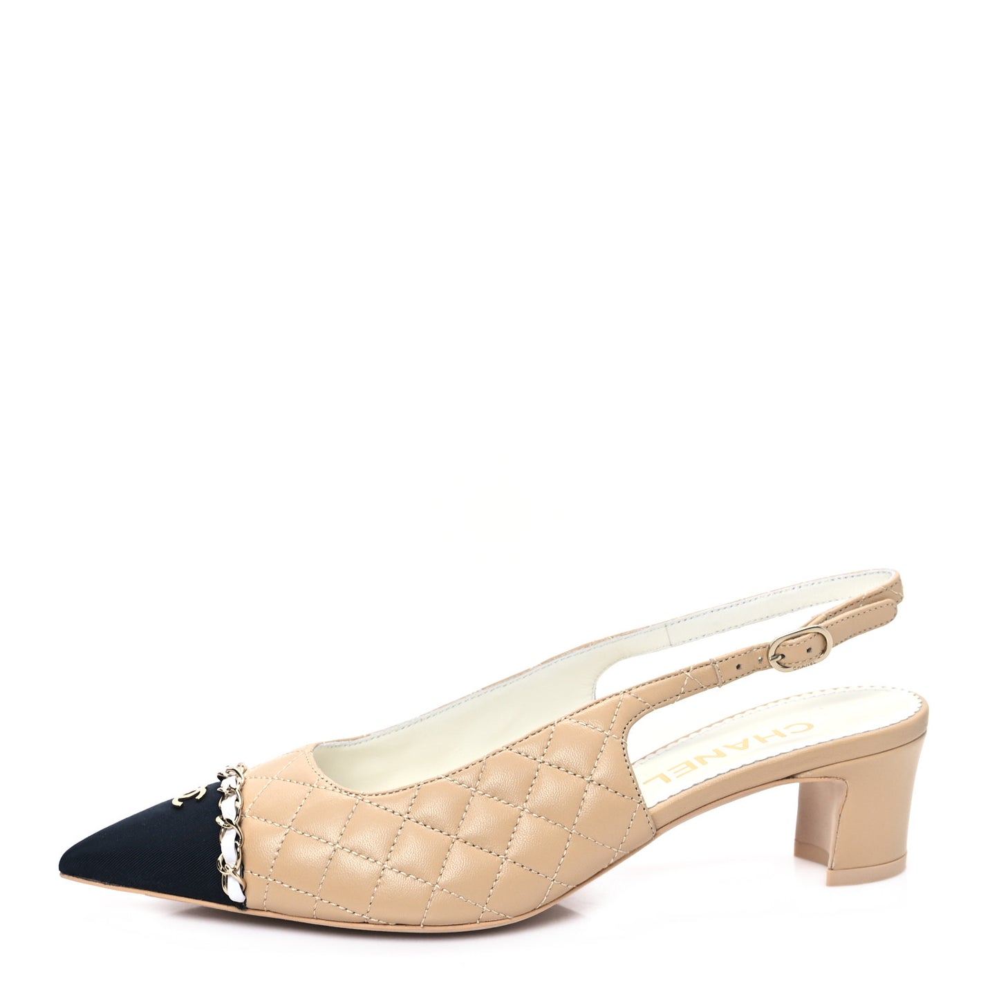 Lambskin Grosgrain Quilted Cap Toe CC Chain Slingback Pumps 38.5 Beige White Black