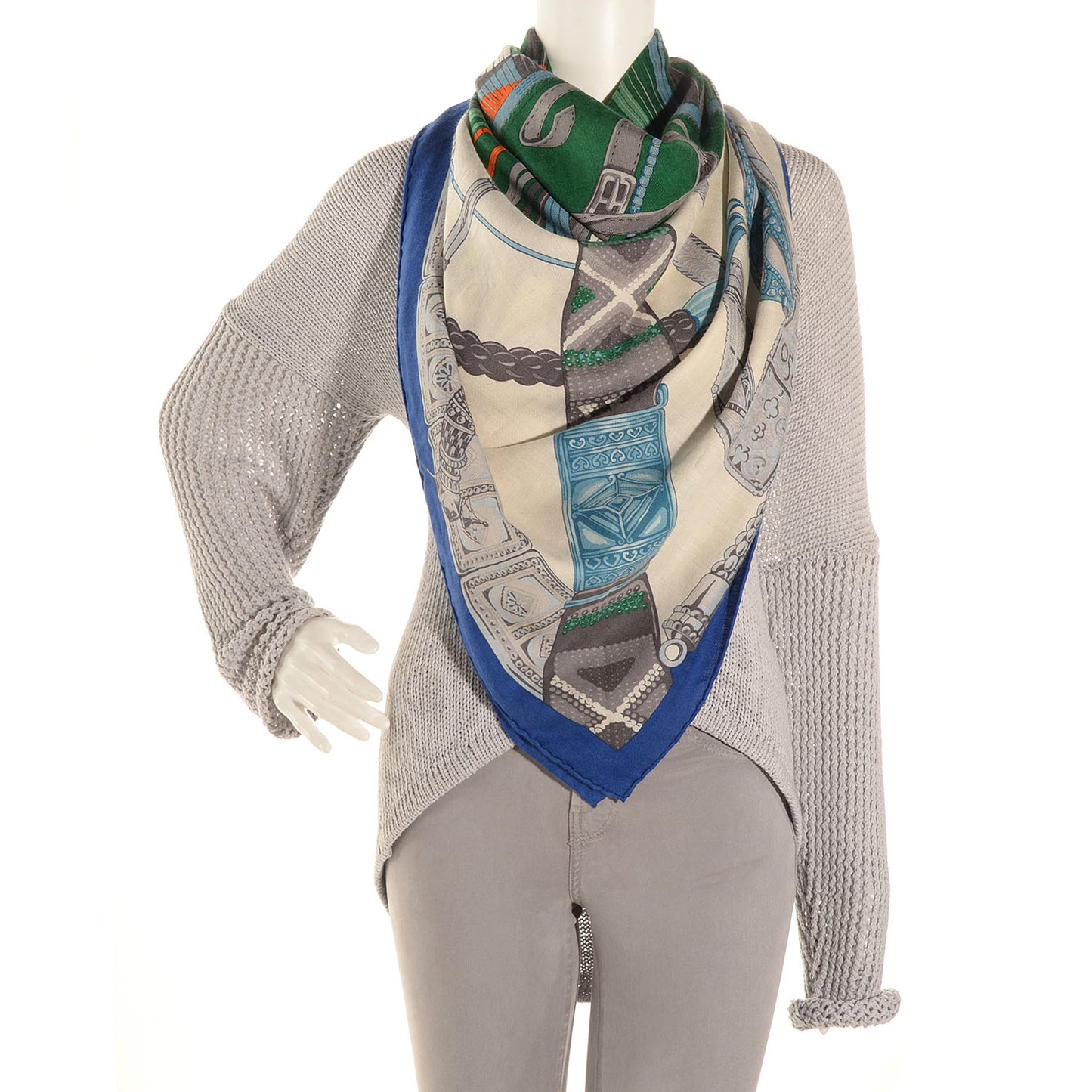 Cashmere Silk Ceintures et Liens Shawl 140 Bleu Klein Blanc Vert