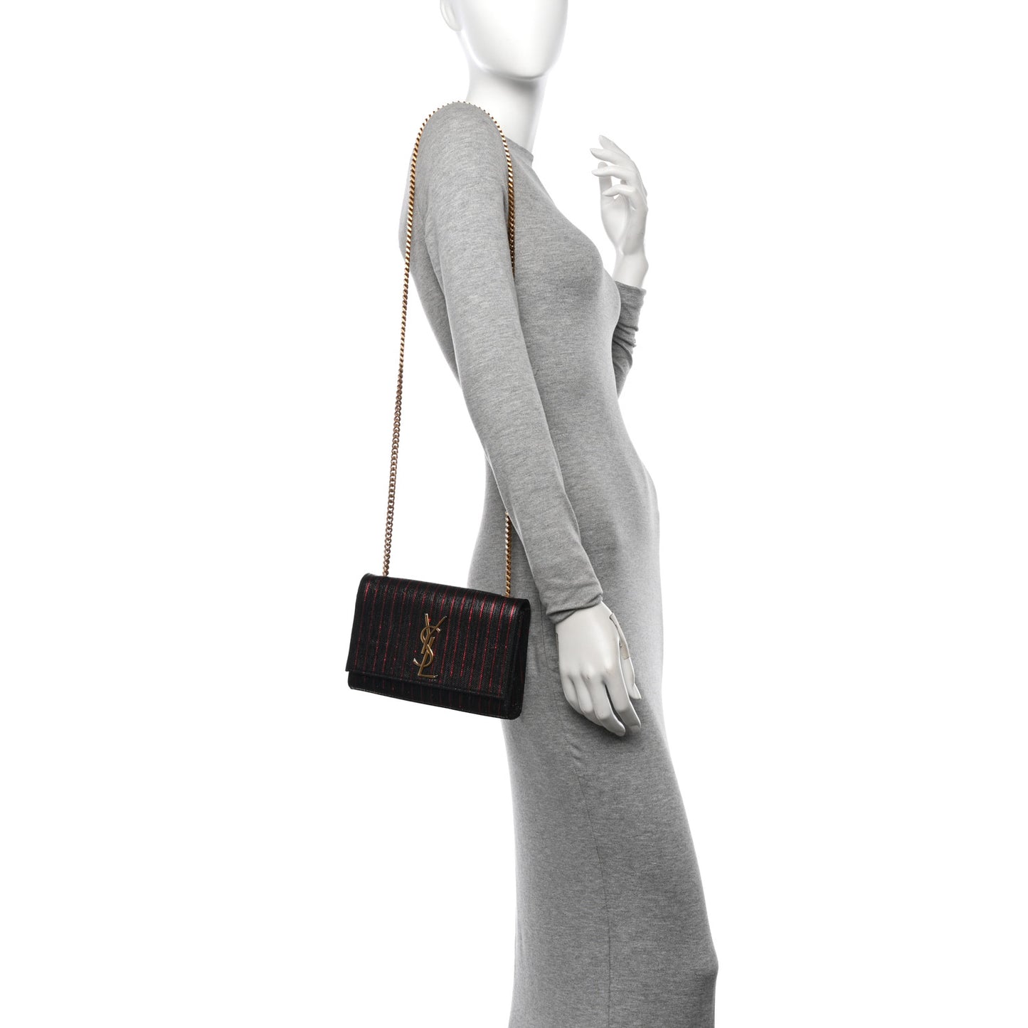 Metallic Calfskin Striped Small Monogram Kate Satchel Black Red