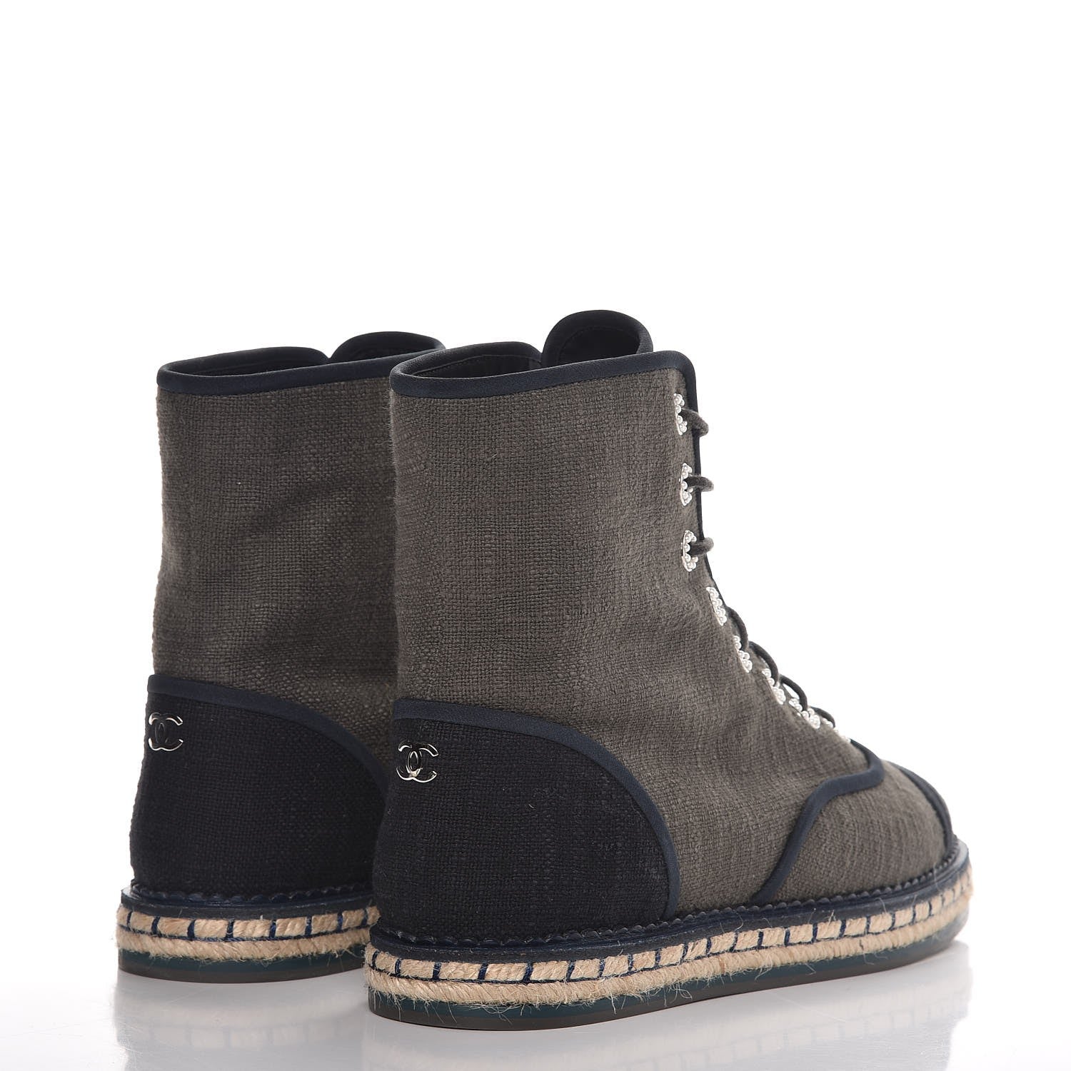 Chanel Cotton Lace Up High Top Espadrilles 39 Dark Green Black 4 of 9
