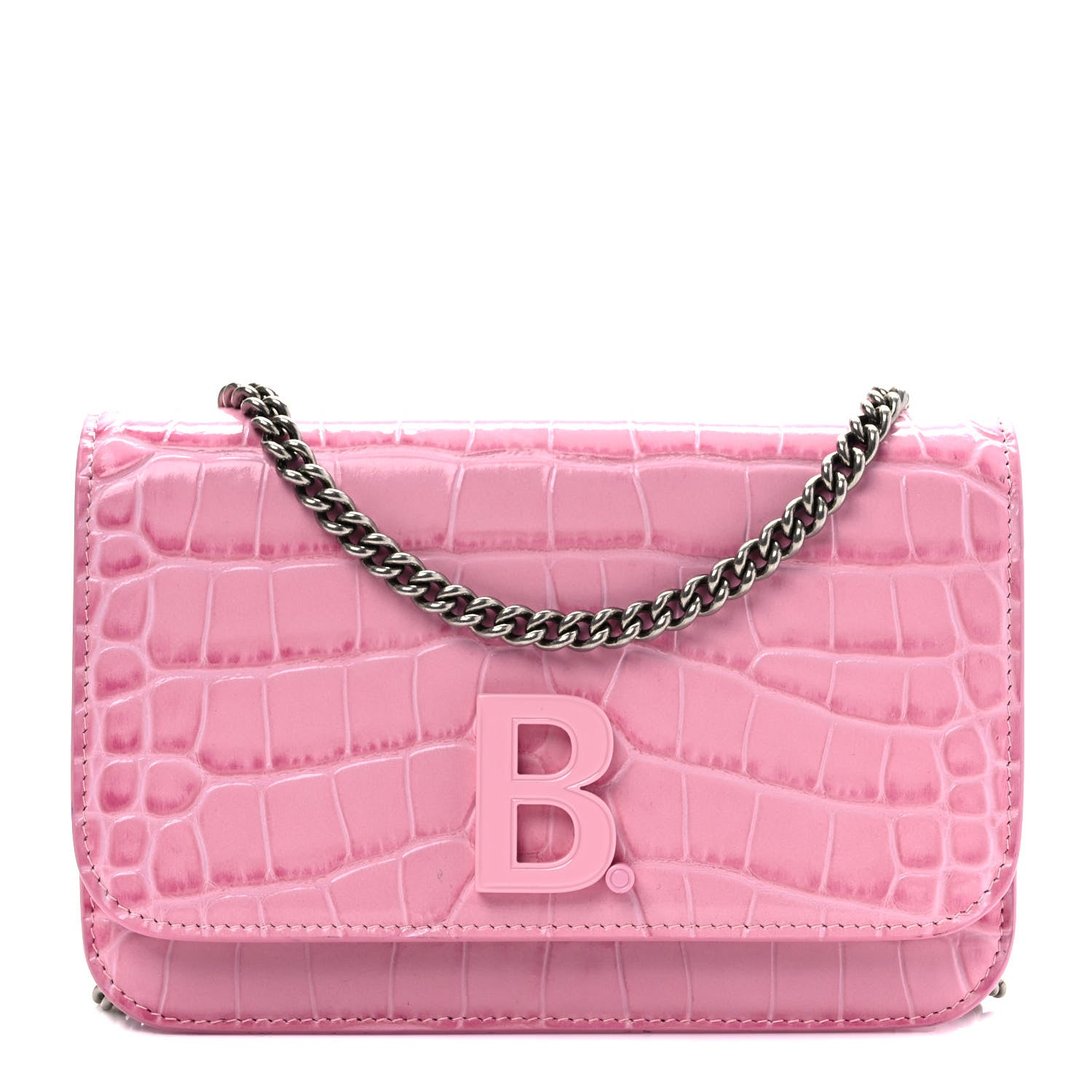 Balenciaga Patent Crocodile Embossed B Wallet On Chain Pink 1 of 9