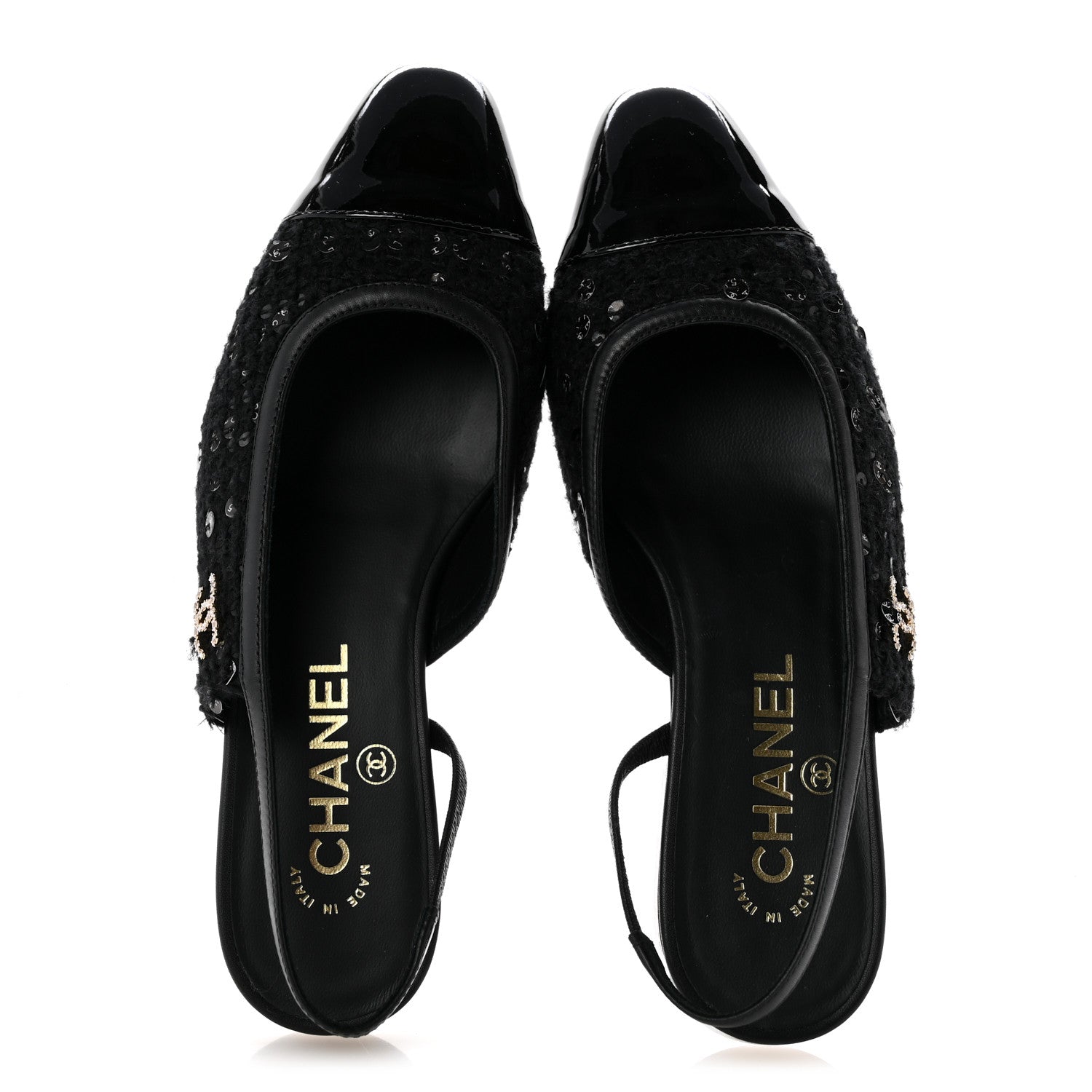 靴 Tweed Slingback Flats Chanel Tweed Patent Calfskin Cap Toe CC Slingback Flats 36 Black