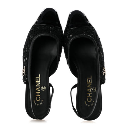 Chanel Tweed Patent Calfskin Cap Toe CC Slingback Flats 36 Black 2 of 9