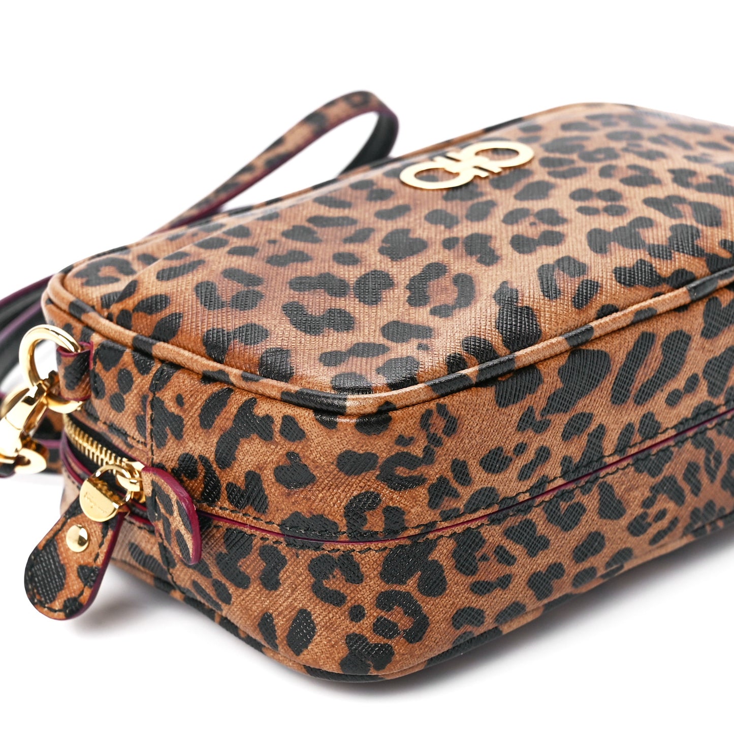 Grained Calfskin Leopard Print Camera Bag Brown