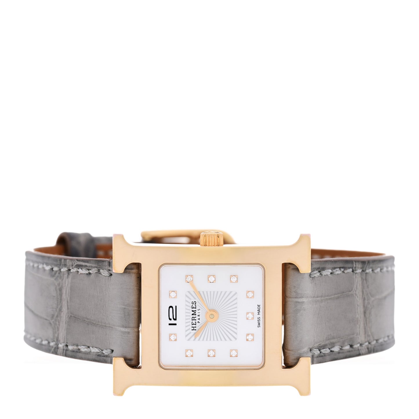 Stainless Steel Alligator Diamond Mother of Pearl 21mm Heure H Hour Quartz Watch Gris Perle