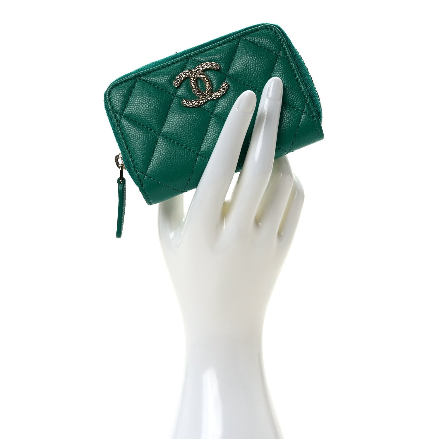 Chanel Caviar Quilted Perforated CC Zip Coin Purse Green 2 of 8