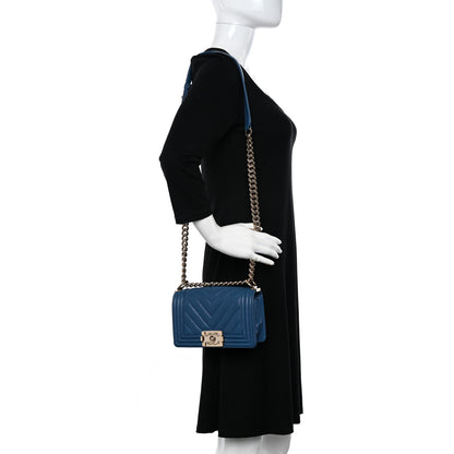 Chanel Caviar Chevron Quilted Small Boy Flap Dark Blue 2 of 12