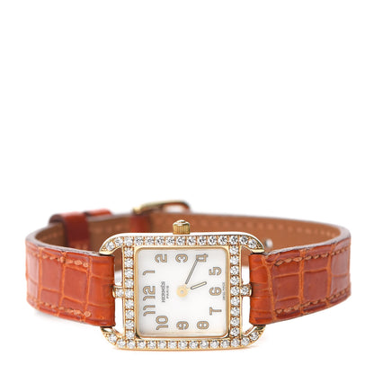 Hermes 18K Yellow Gold Alligator Diamond Bezel Mother of Pearl 19mm Cape Cod Quartz Watch Orange 2 of 5