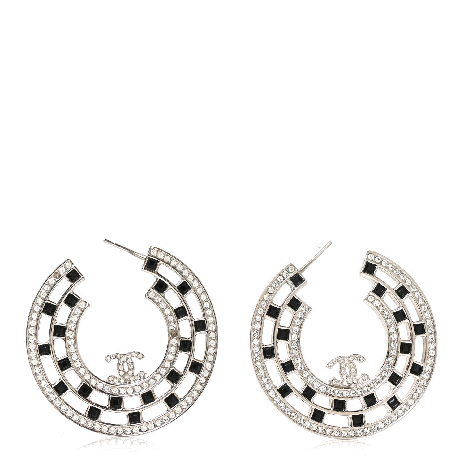 Chanel Baguette Crystal CC Hoop Earrings Silver Black 1 of 4