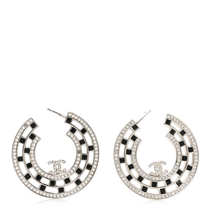 Chanel Baguette Crystal CC Hoop Earrings Silver Black 1 of 4