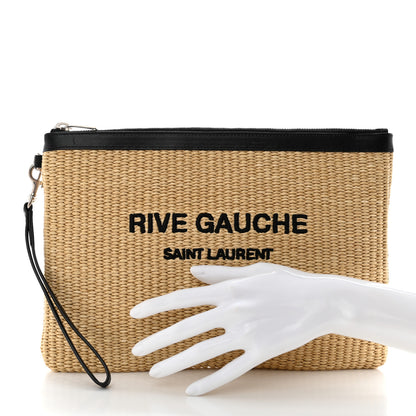 Saint Laurent Raffia Calfskin Rive Gauche Zipped Pouch Naturale Black 2 of 8