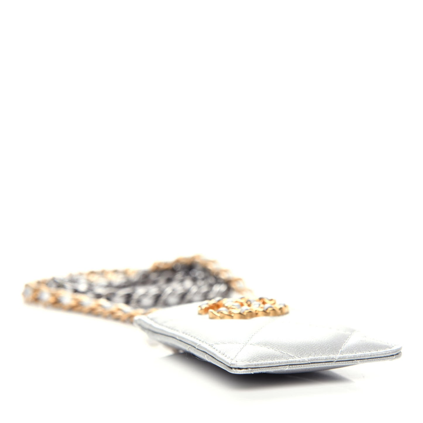 Metallic Goatskin Quilted Chanel 19 Card Holder On Chain Silver