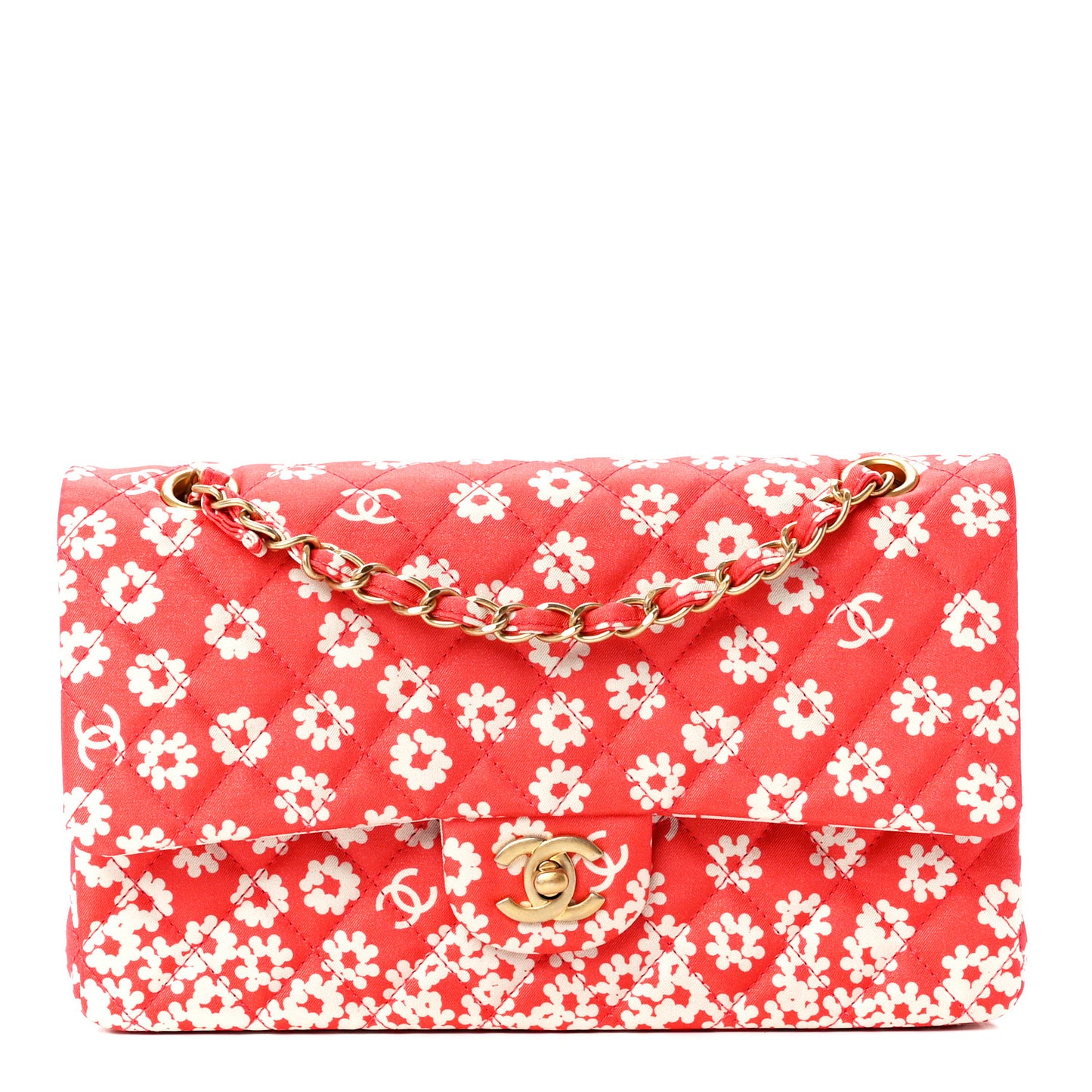 Canvas Floral Printed Quilted Medium Double Flap Pink White