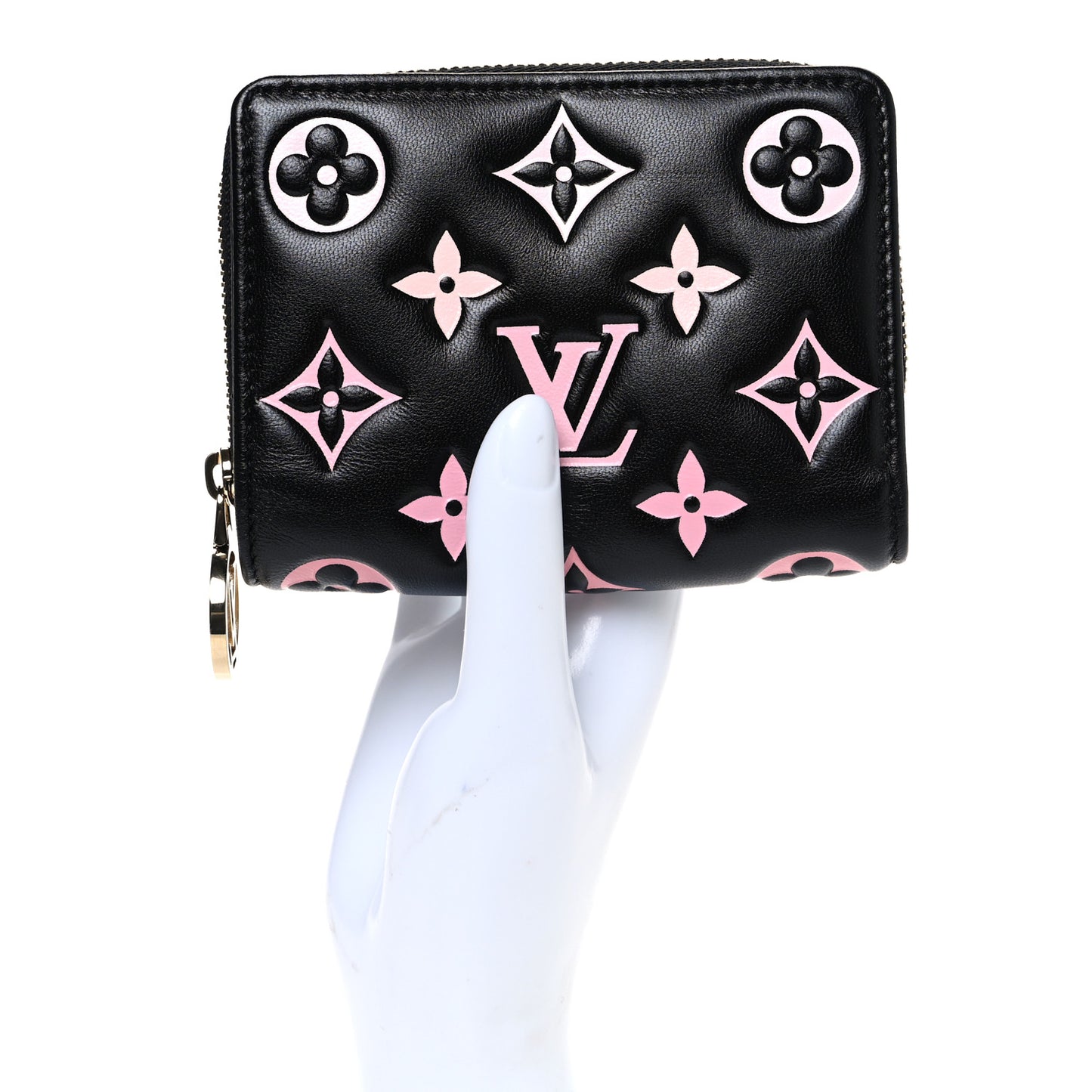 Lambskin Embossed Monogram LV Ski Lou Coussin Wallet Black Pink