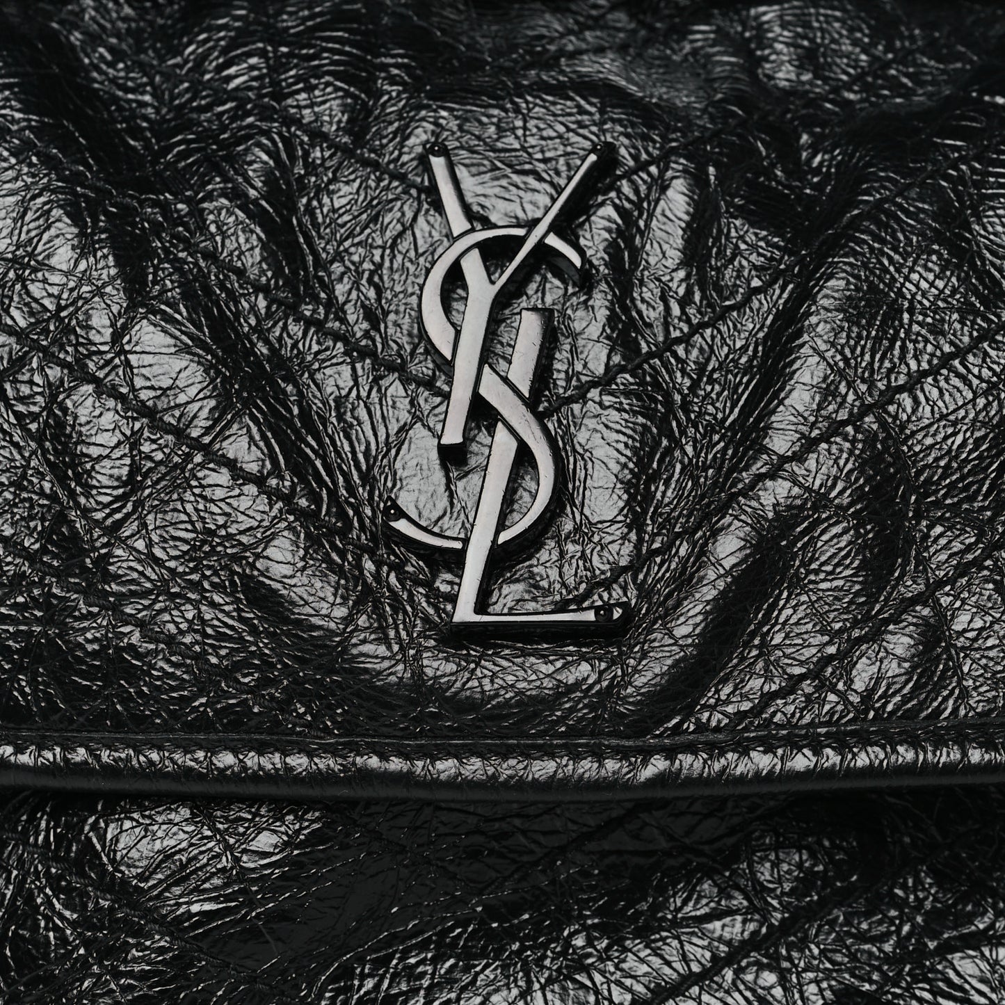 Crinkled Calfskin Matelasse Monogram Medium Niki Chain Satchel Black
