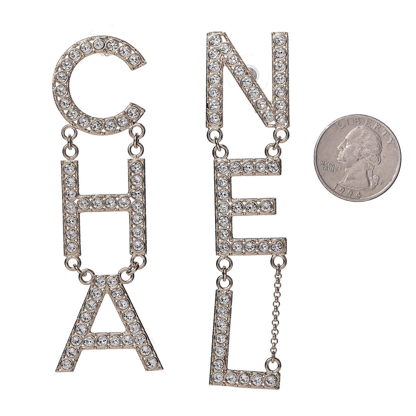 Crystal Cha-Nel Logo Drop Earrings Gold