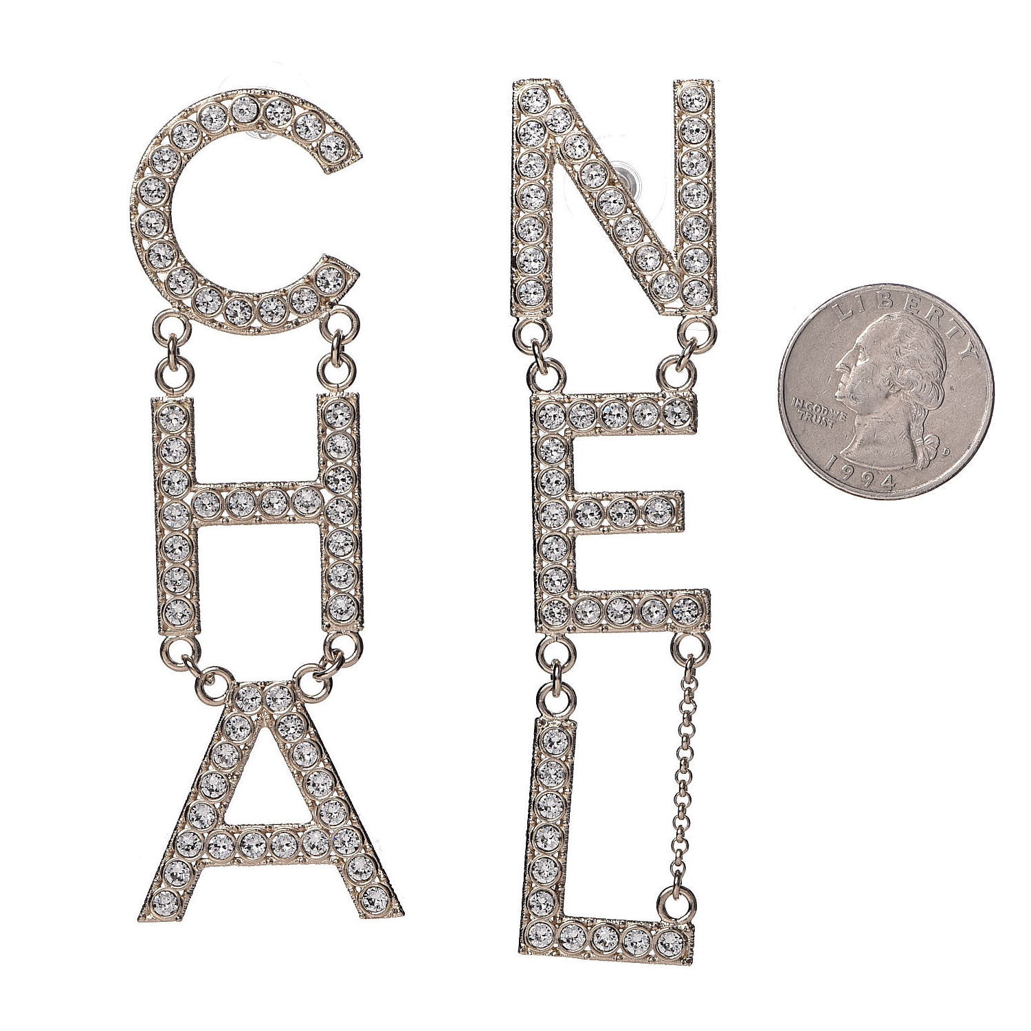Chanel Crystal Cha-Nel Logo Drop Earrings Gold 2 of 5