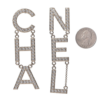 Chanel Crystal Cha-Nel Logo Drop Earrings Gold 2 of 5