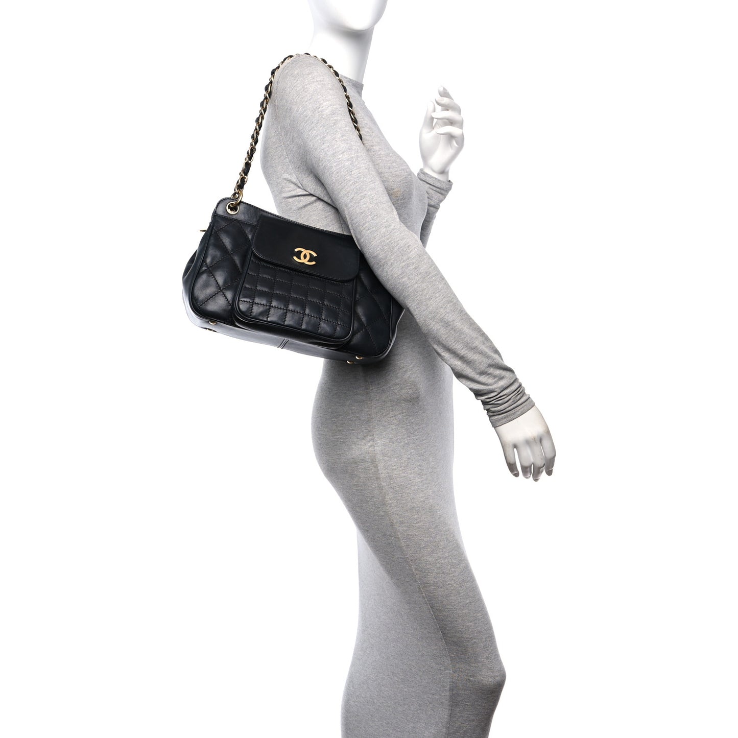 Calfskin Chocolate Bar Quilted Small Shoulder Bag Black