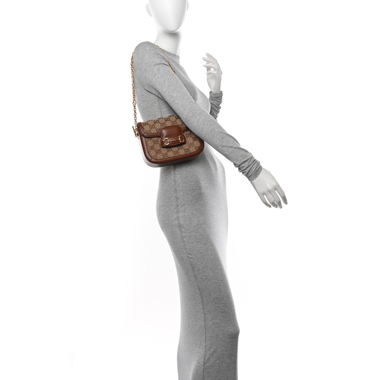 Gucci Canvas Calfskin Crystal GG Monogram Mini Horsebit 1955 Shoulder Bag Camel Ebony 2 of 13