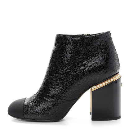 Chanel Patent Pearl Cap Toe Ankle Boots 37.5 Black 1 of 8