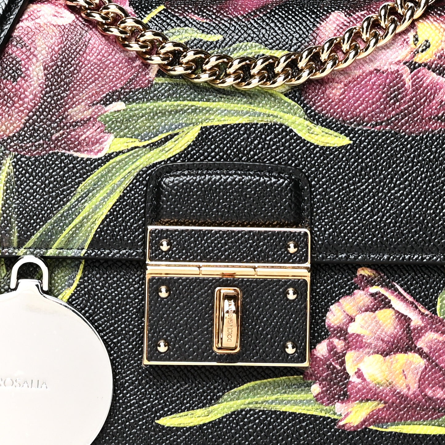 Grained Calfskin Floral Print Rosalia Shoulder Bag Black