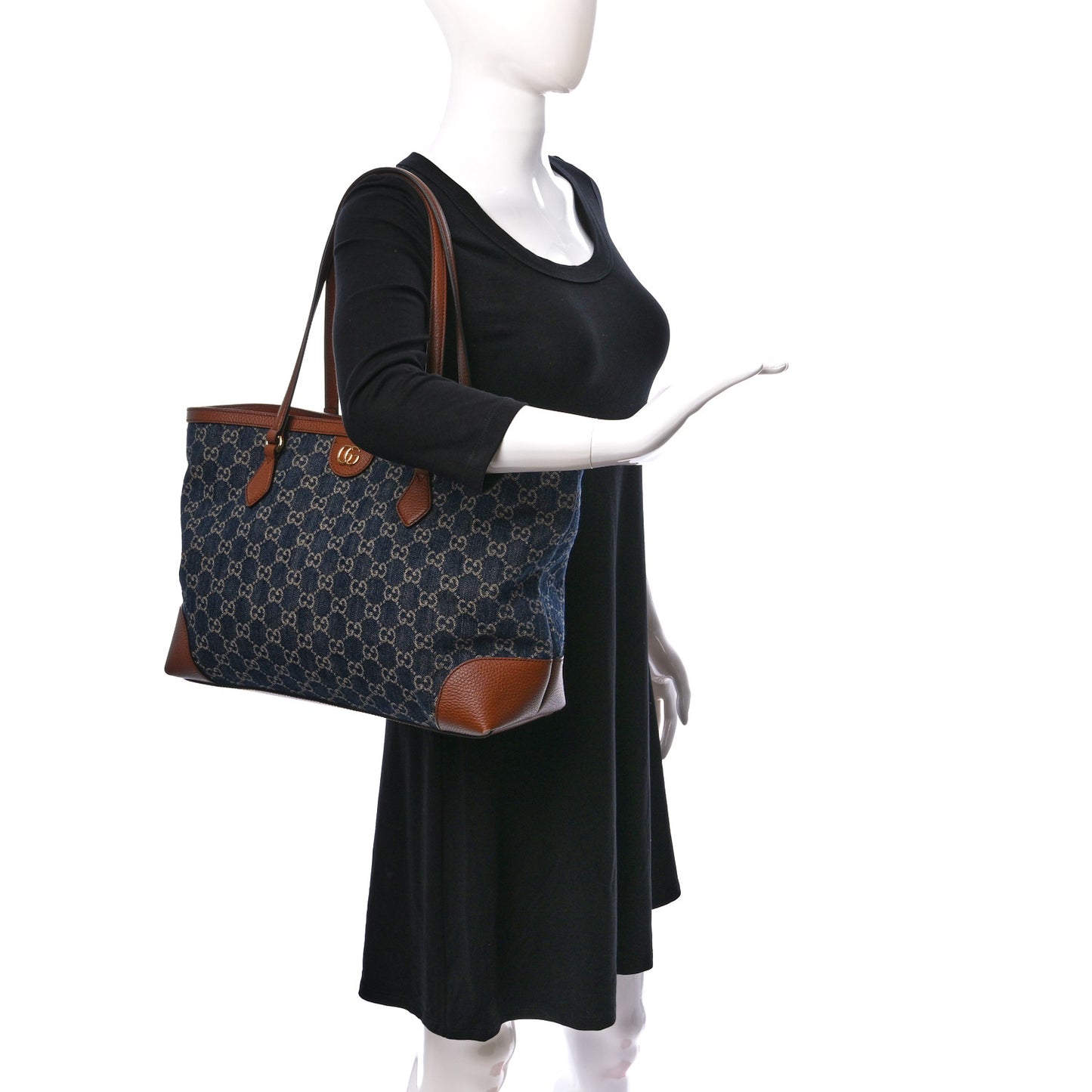 New Denim GG Monogram Medium Ophidia Shopping Tote Blue Tea Cuir