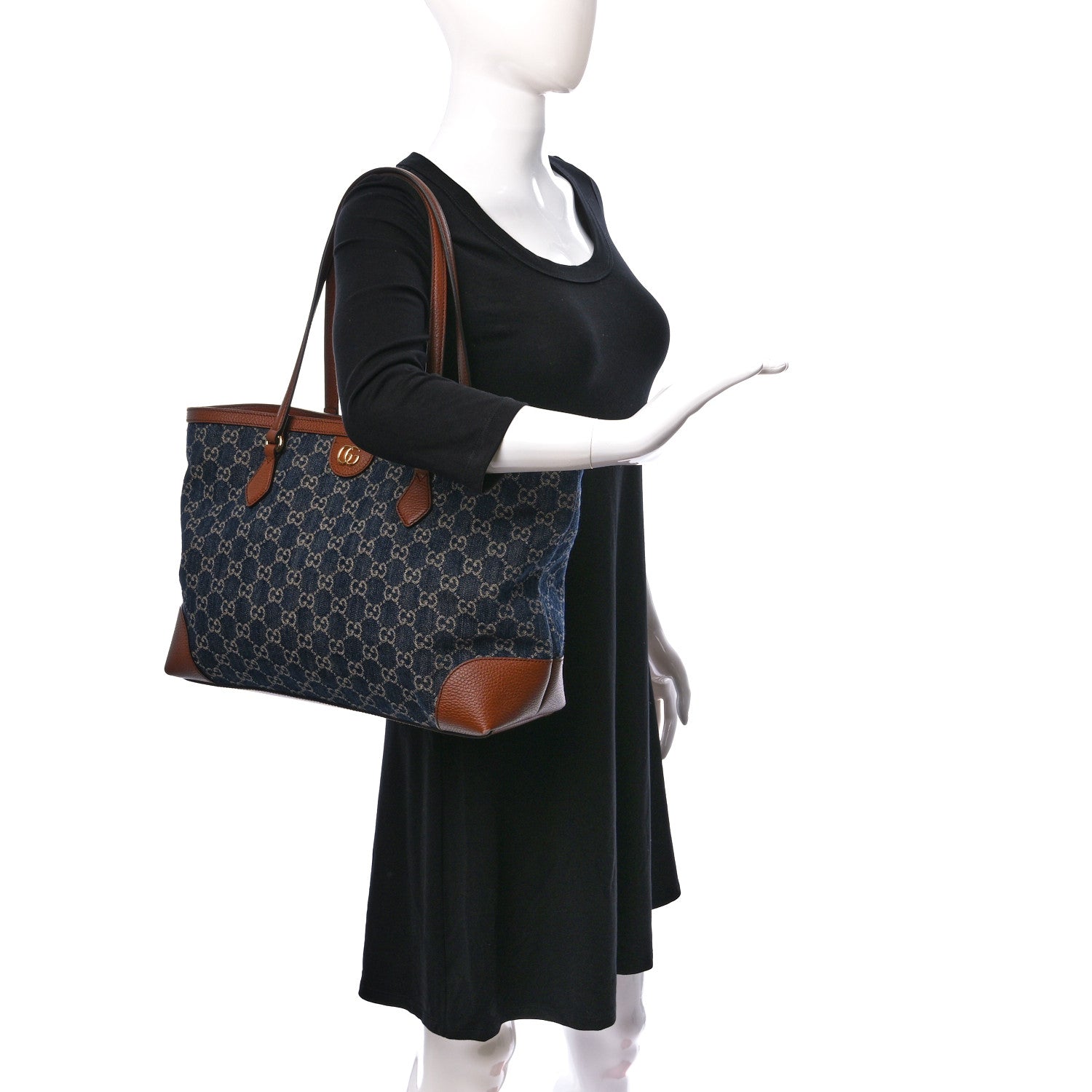 Gucci New Denim GG Monogram Medium Ophidia Shopping Tote Blue Tea Cuir 2 of 16