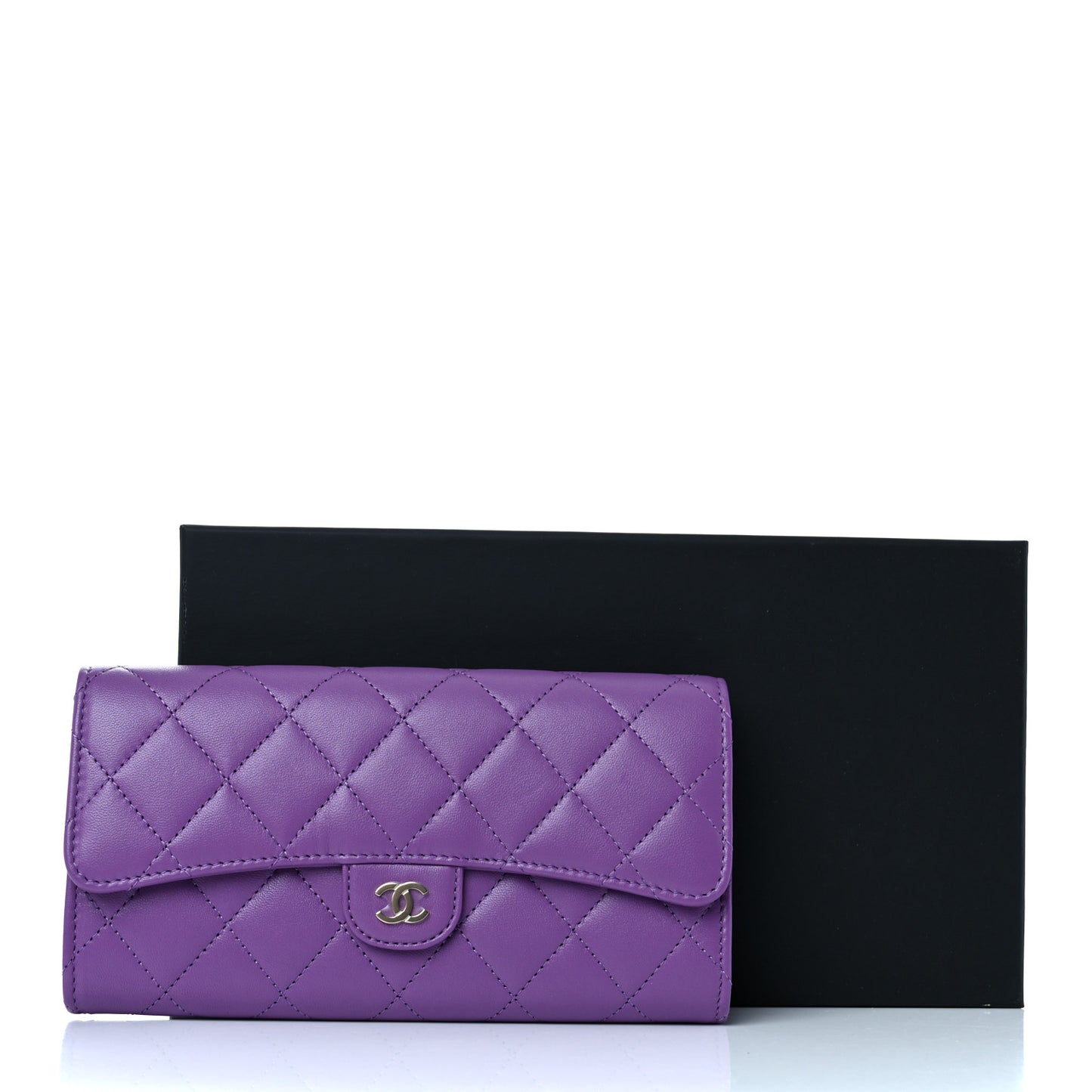 Lambskin Quilted Large Gusset Flap Wallet Purple