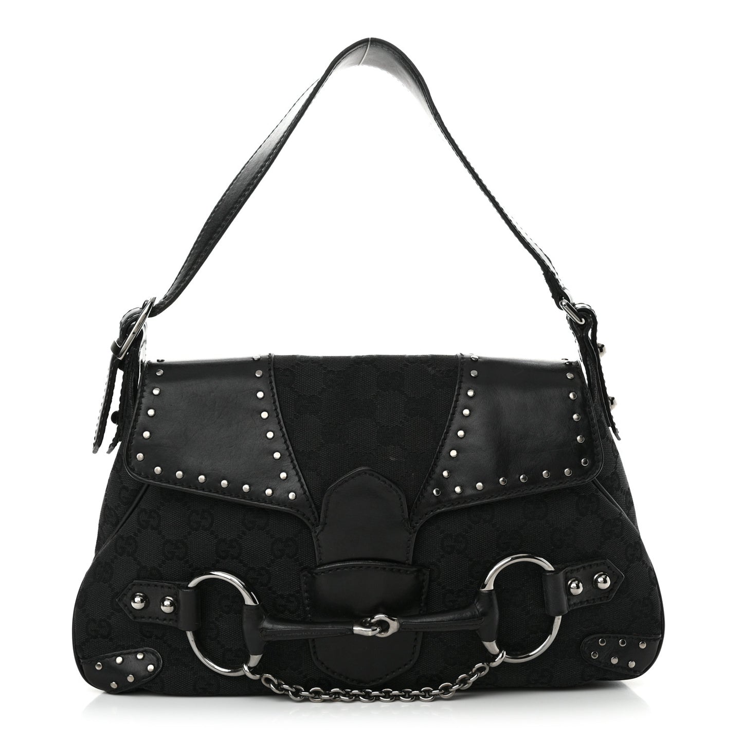 Monogram Horsebit Chain Studded Flap Shoulder Bag Black