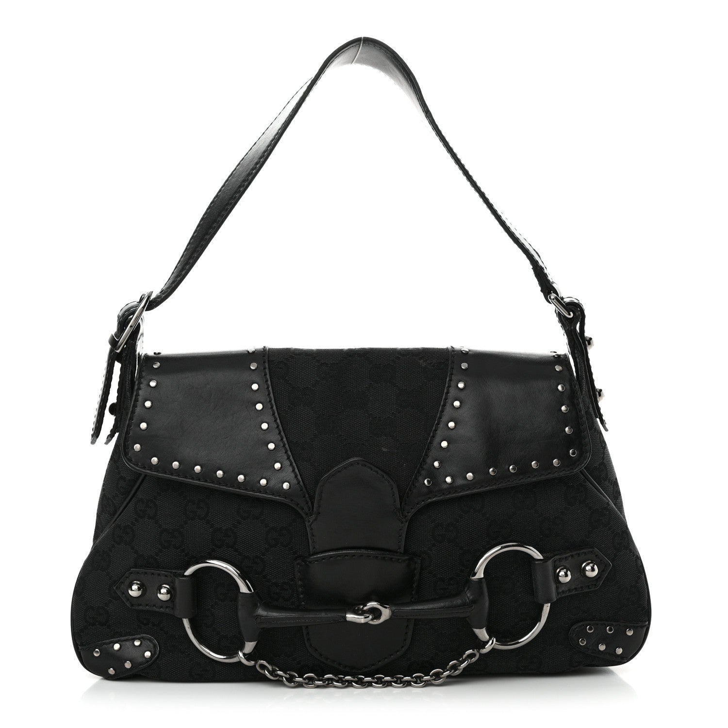 Gucci Monogram Horsebit Chain Studded Flap Shoulder Bag Black 1 of 19