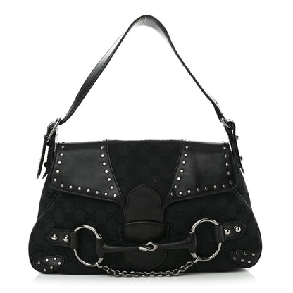 Gucci Monogram Horsebit Chain Studded Flap Shoulder Bag Black 1 of 19