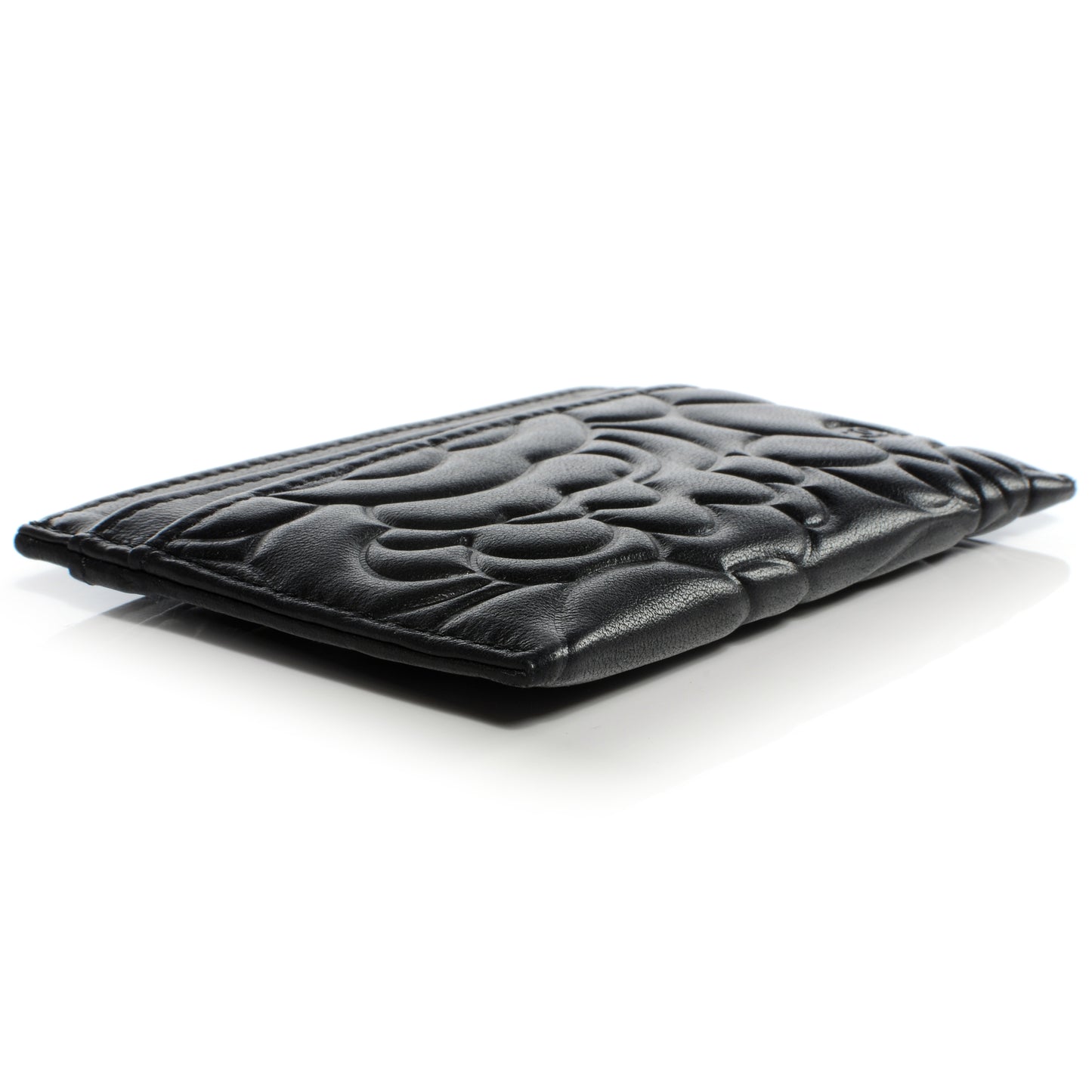Lambskin Camellia Embossed Card Holder Black