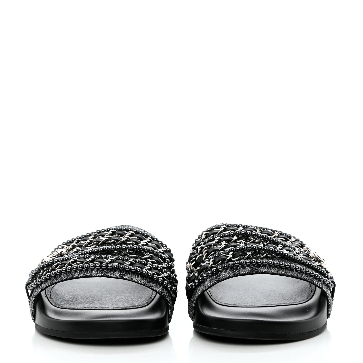 Chanel Fantasy Lambskin Chain Flat Sandals 37 Silver Black 2 of 10