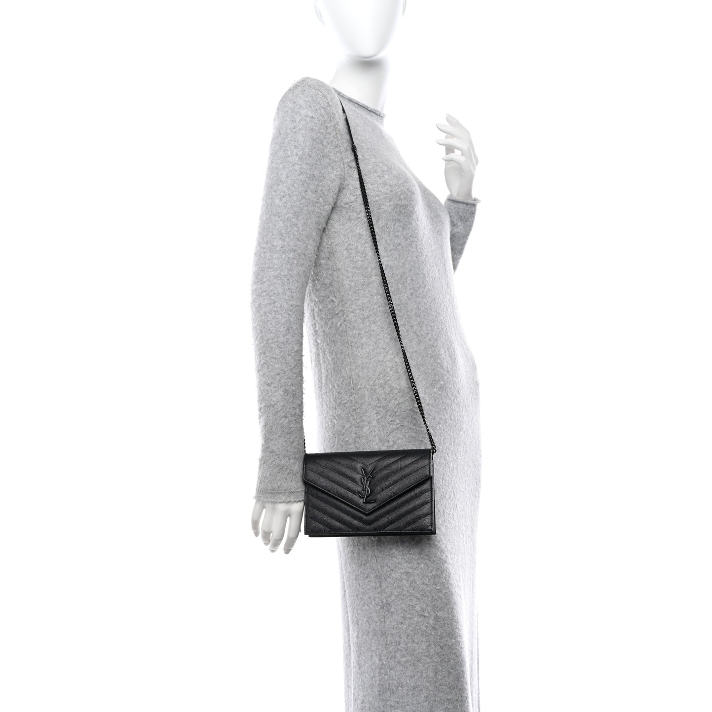 SAINT LAURENT Grain De Poudre Matelasse Chevron Monogram Monochrome Envelope Chain Wallet Black