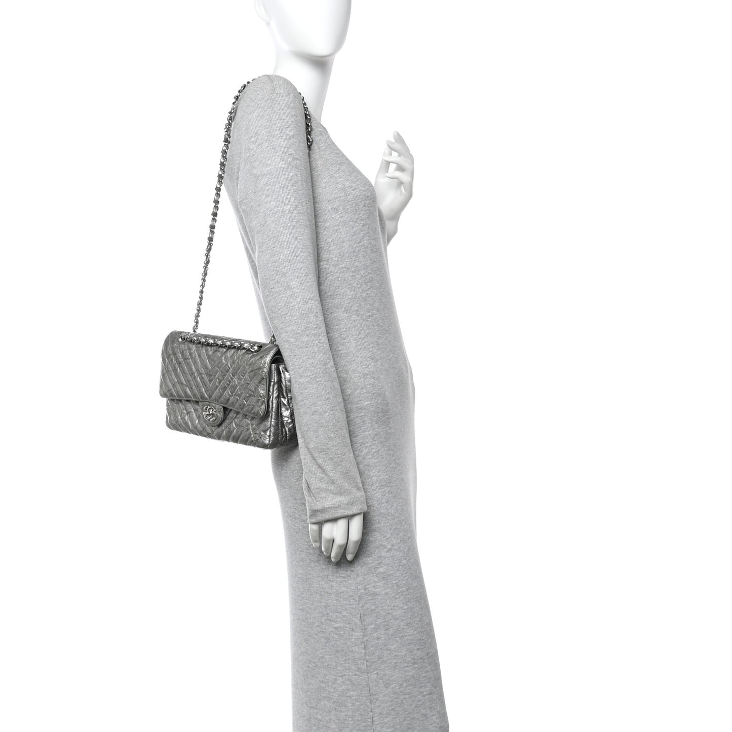 Metallic Patent Crumpled Calfskin Chevron Quilted Medium Double Flap Silver