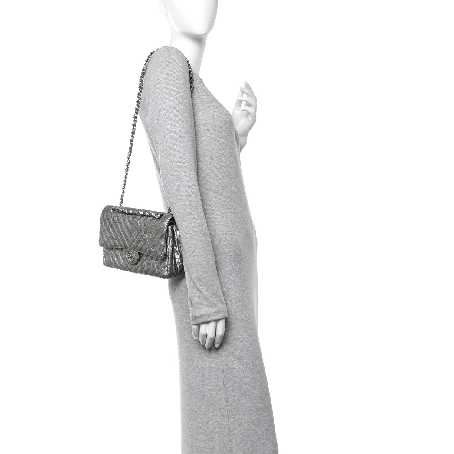 Chanel Metallic Patent Crumpled Calfskin Chevron Quilted Medium Double Flap Silver 2 of 13
