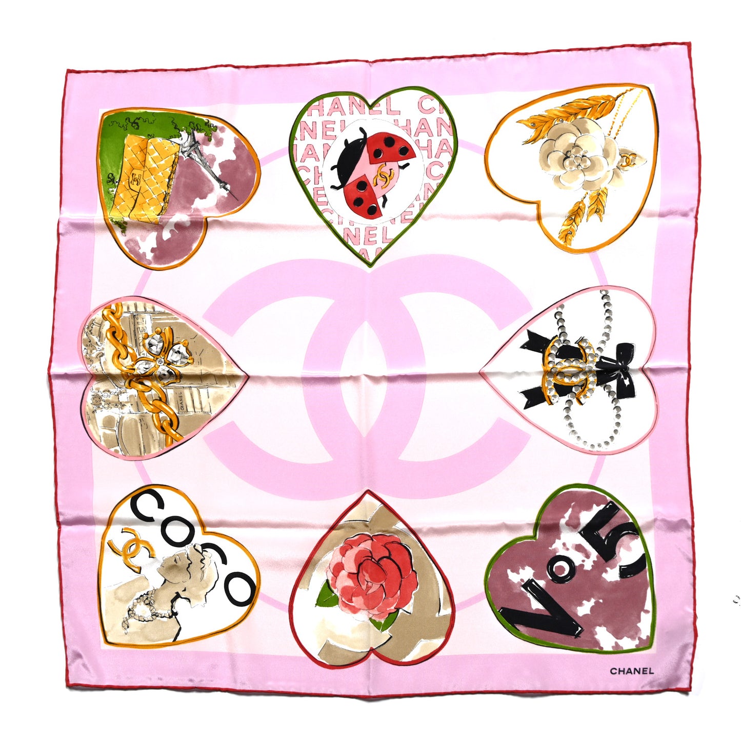 Silk CC Heart Square Scarf Pink