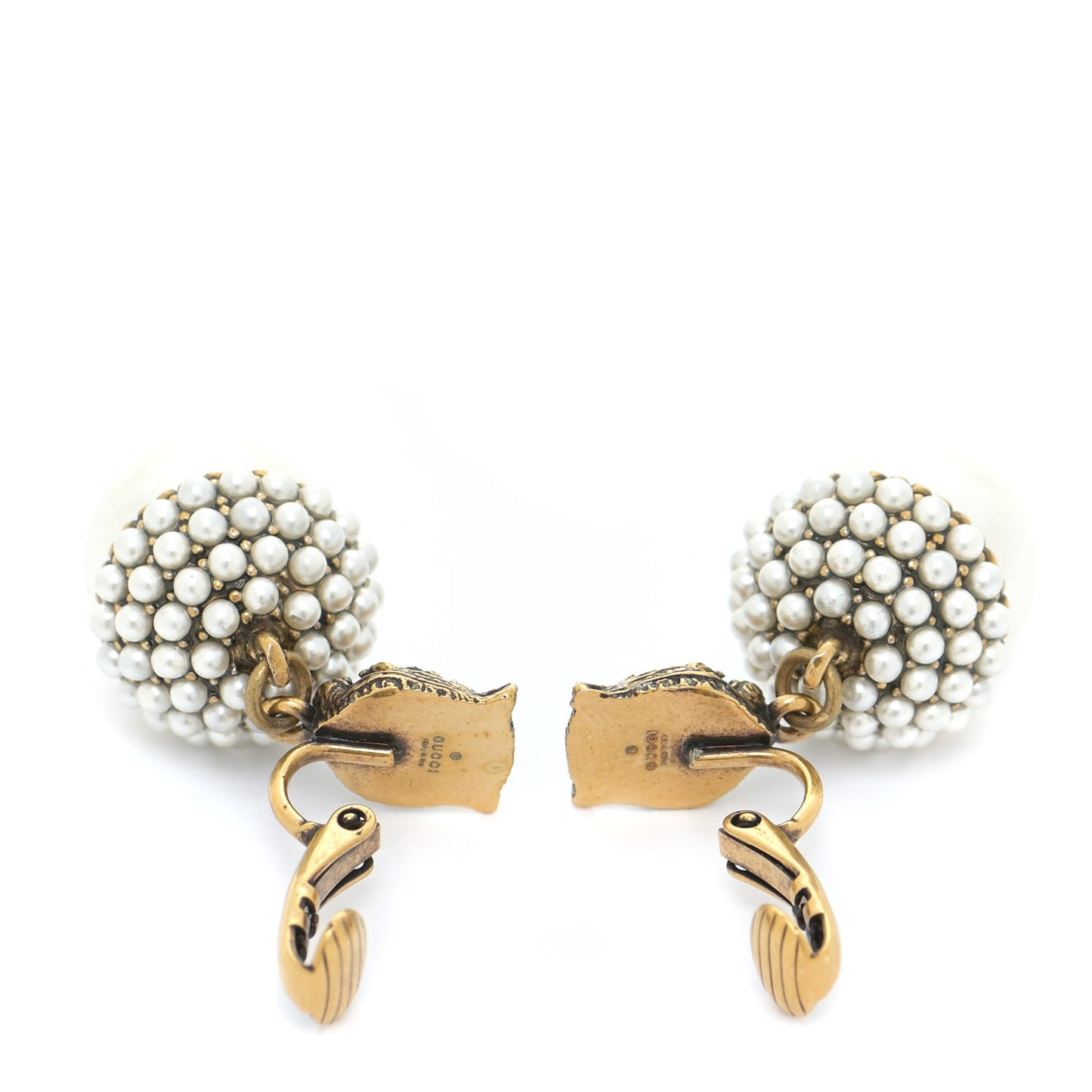 Metal Resin Pearl Feline Clip On Earrings Aged Gold