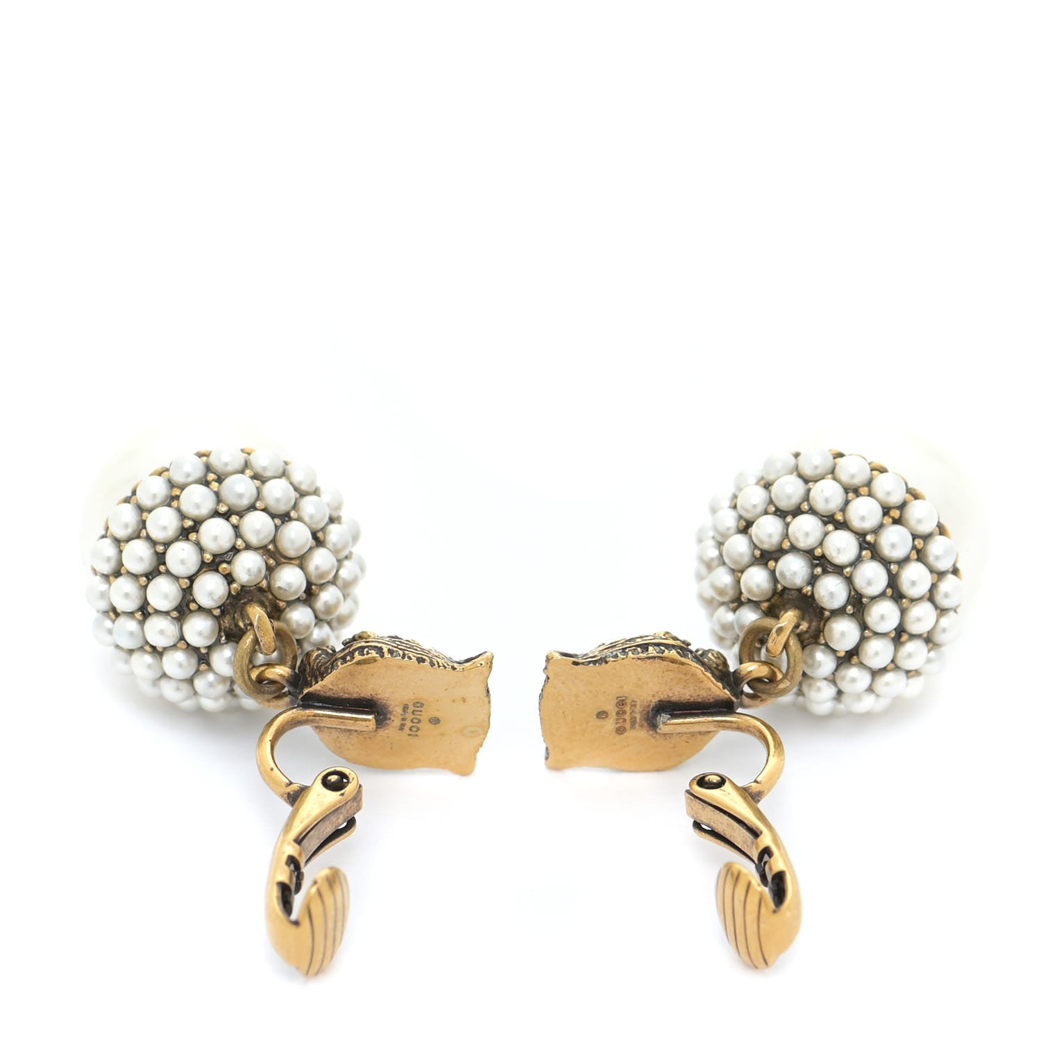 Gucci Metal Resin Pearl Feline Clip On Earrings Aged Gold 3 of 4
