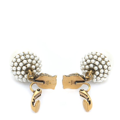Gucci Metal Resin Pearl Feline Clip On Earrings Aged Gold 3 of 4