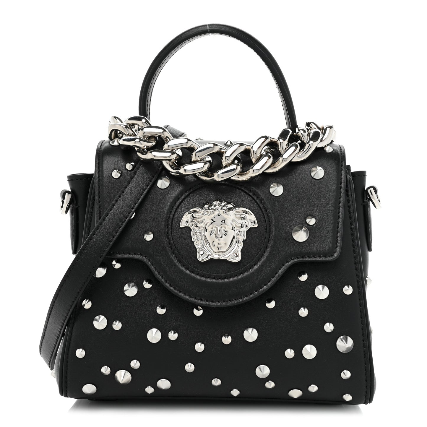 Grained Calfskin Spiked Small La Medusa Top Handle Bag Black