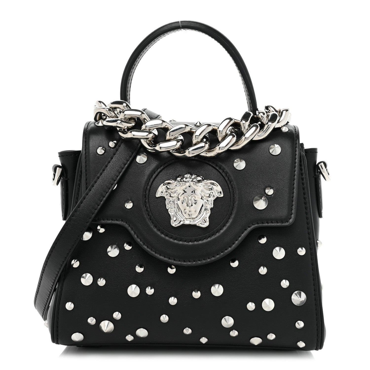 Versace Grained Calfskin Spiked Small La Medusa Top Handle Bag Black 1 of 8