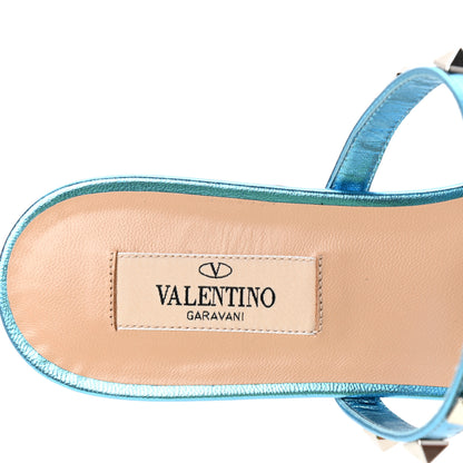 Valentino Garavani Metallic Nappa Rockstud Caged Flat Slide Sandals 36.5 Cerulean 8 of 10