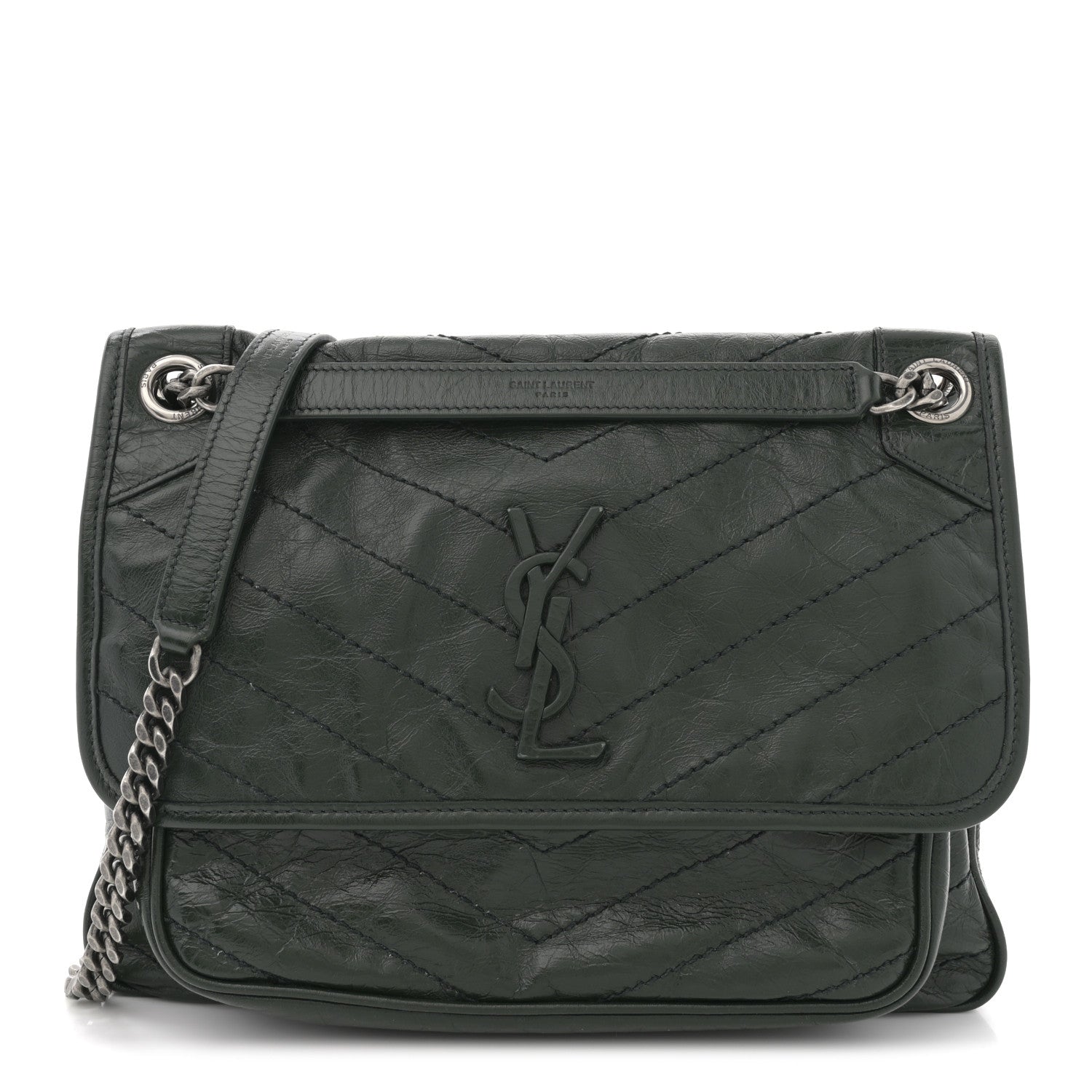 Saint Laurent Crinkled Lambskin Matelasse Monogram Medium Niki Chain Satchel Military Olive 1 of 10