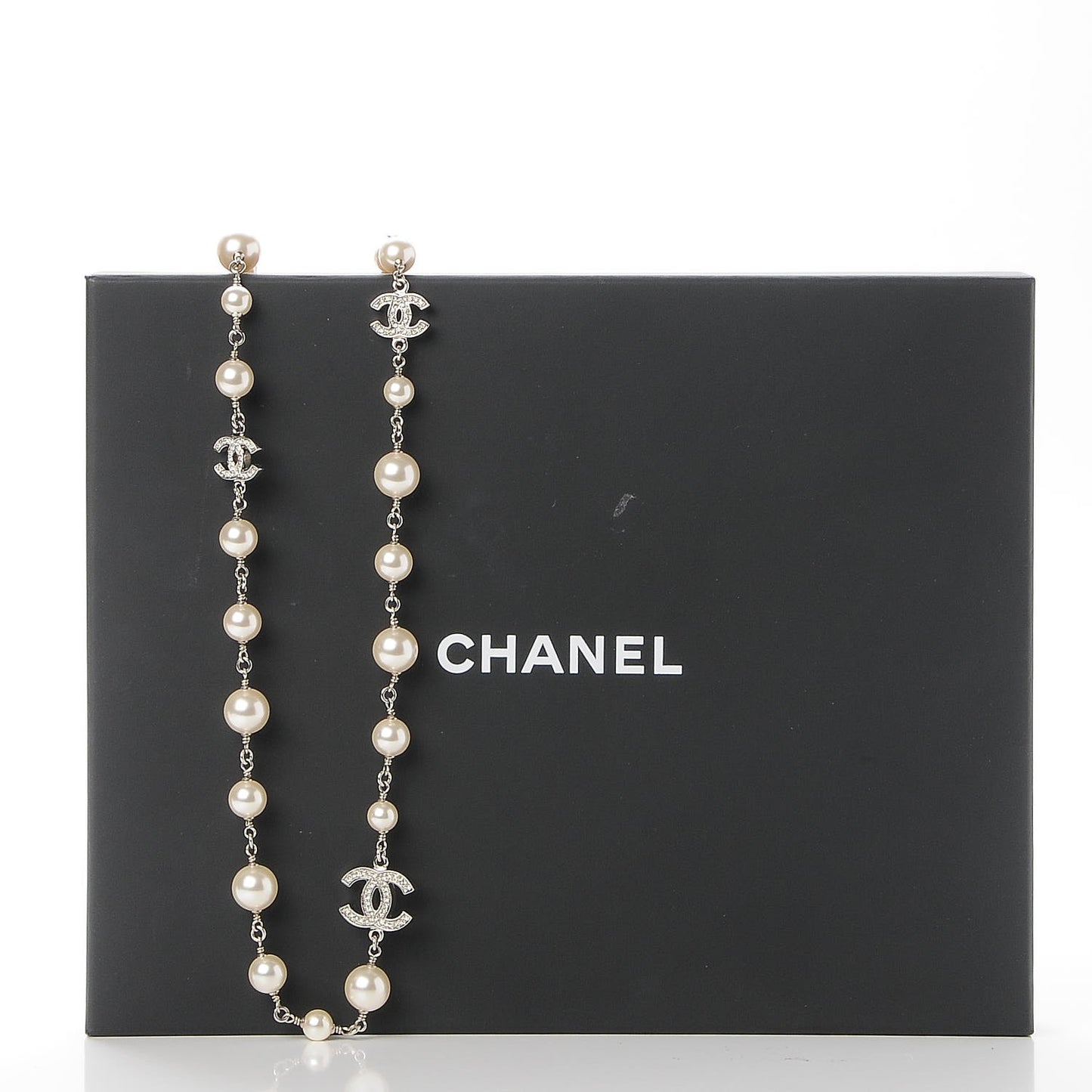 Crystal Pearl CC Long Necklace Silver
