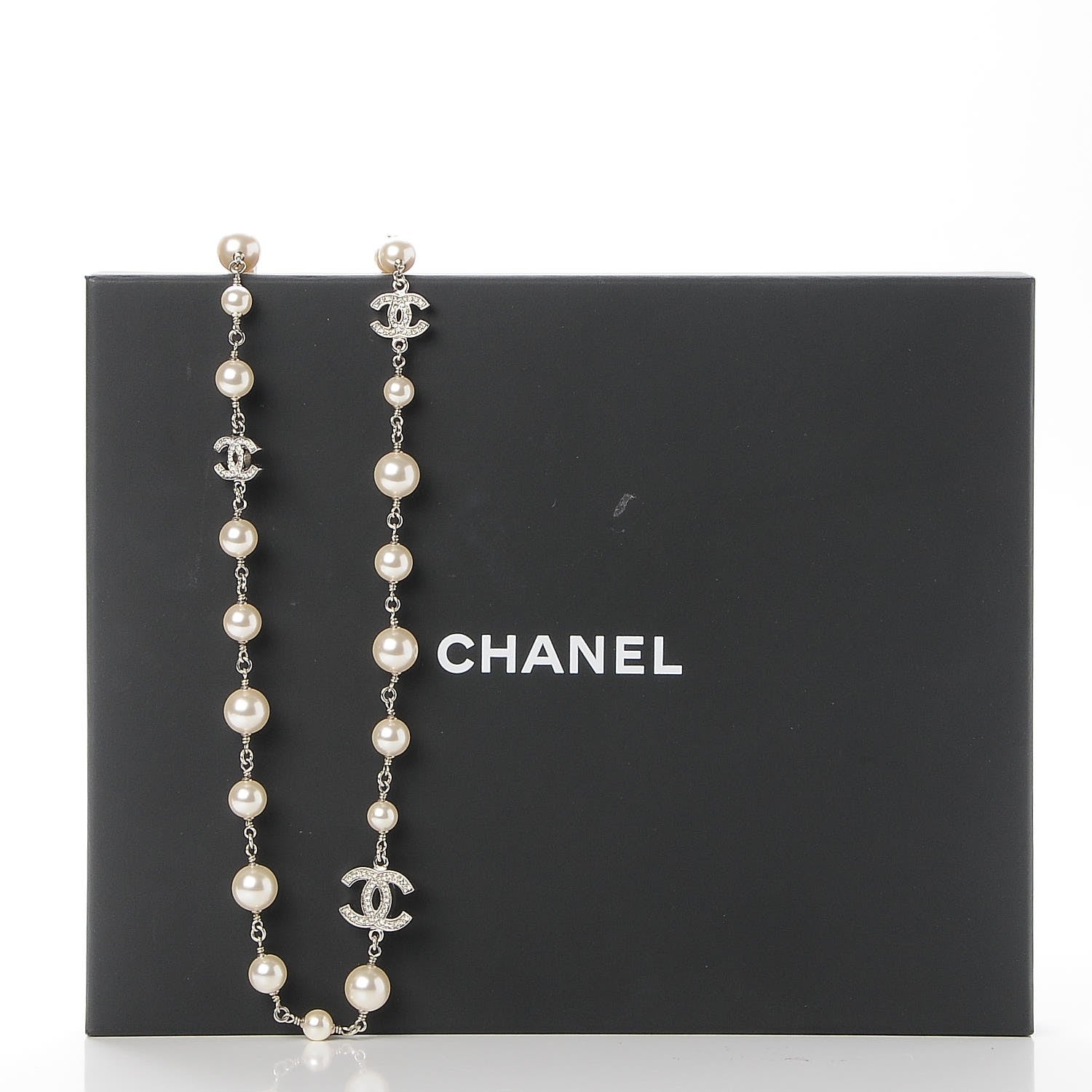 Chanel Crystal Pearl CC Long Necklace Silver 5 of 5
